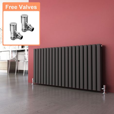 ELEGANT 600 x 1190 mm Anthracite Horizontal Column Designer Radiator Double Oval Panel + Angled Radiator Valves (1/5)