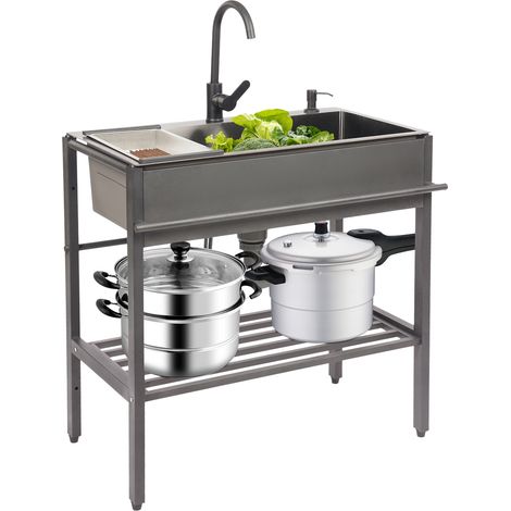 Évier à cuve unique en acier inoxydable, 80 x 45 cm, à poser, étagère de rangement de cuisine noire, étagère pour évier, évier de cuisine avec bac d'égouttage, pour ranger les ustensiles de cuisine (1/5)