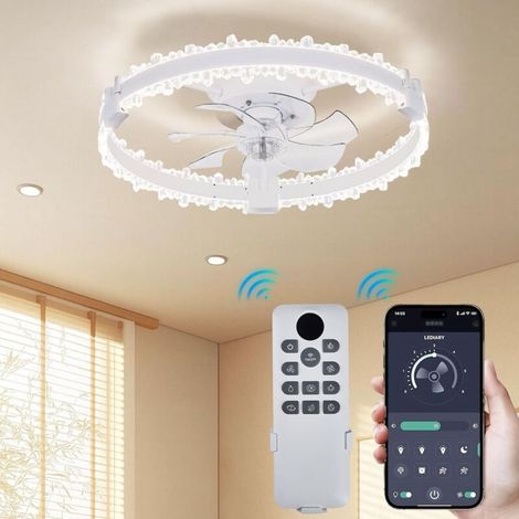 15W Ventilateur de Plafond Silencieux Rond à 7 Pales avec Lumière LED, Télécommande et Contrôle Par Application, Minuterie, Design avec Anneau en Acrylique(Blanc) (1/5)