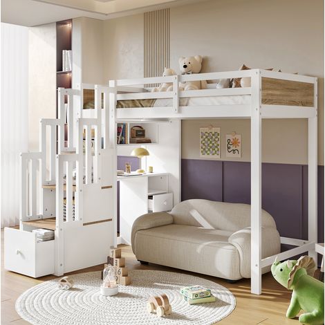 Letto a soppalco 90/200 cm bianco e legno naturale con scrivania, cassetti e scala contenitore (1/5)