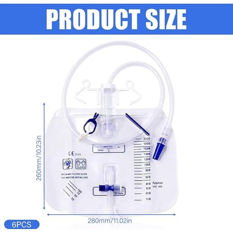 sacs de drainage d'urine de 2000 ml - Avec système anti-reflux, valve en T et bandes en tissu - Avec tuyau de 120 cm - Poche d'urine pour incontinence (1/4)