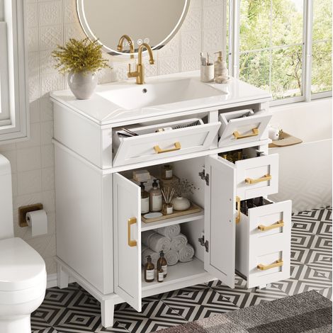 Meuble lave-mains MDF et métal blanc 76x46,5x86 cm avec vasque en céramique et rangements, fermeture douce (1/5)