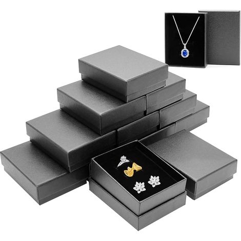 Lot de 12 boîtes cadeaux pour bijoux - 9 x 7 x 3 cm - Noir - En carton avec couvercle - Pour colliers, boucles d'oreilles, bracelets, bagues (1/5)