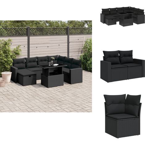 8-tlg. Garten-Sofagarnitur mit Kissen Schwarz Poly Rattan - Gartenmöbel Set - Esszimmerset Outdoor - Lounge Möbel - Rattan Gartenmöbel - Wetterfest (1/5)