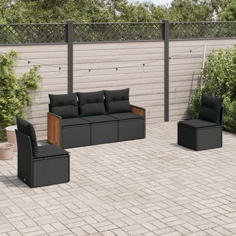 Ensemble Salon Jardin 5 Places Noir Résine Tressée avec Coussins - Meuble Extérieur Modulaire avec Rangement (1/3)