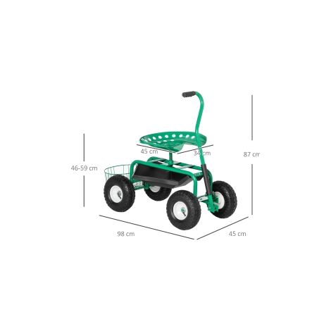 Chariot de jardin vert avec siège pivotant réglable en hauteur, panier de rangement et charge max. 150 kg pour jardin atelier (1/5)