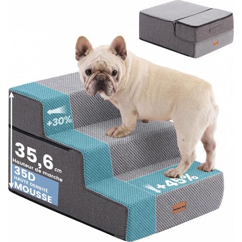 Escaliers pour Chiens 3 Marches Gris Éponge Haute Densité, Échelle Large pour Animaux, Housse Amovible, Antidérapant pour Canapé et Lit (1/5)