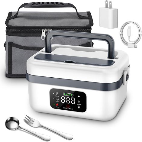 Kabellose, elektrisch beheizbare Lunchbox, wiederaufladbarer Speisenwärmer mit 1-Liter-Behälter, Gabel, Löffel und isolierter Tragetasche für Auto, LKW, Reisen, Büro (weiß) (1/5)
