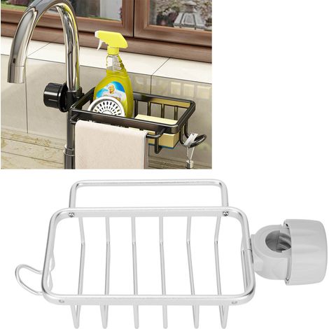 Étagère de rangement pour robinet de cuisine, porte-éponge, égouttoir suspendu avec étagère à serviettes pour évier de cuisine, couleur argent. (1/5)