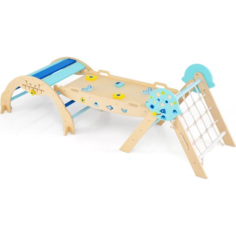 COSTWAY Triangle Climbing Set Foldable Climbing Toys for Toddlers Blue