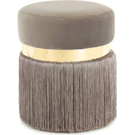 Pouf Rebecca in velluto taupe con frange e dettaglio oro (1/3)