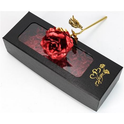Ewige Rose in Roségold, funkelnde Rose, Geschenkbox, romantische rote Rose, schwarze Präsentationsbox und Bastband inklusive. (1/5)