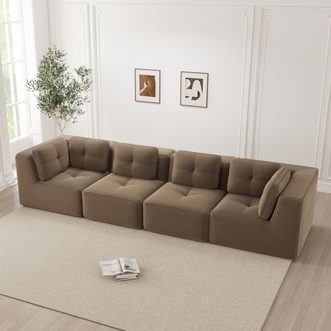 Sofá angular modular 4 plazas 386x104x69 cm con asiento profundo y pana marrón, base antideslizante (1/5)