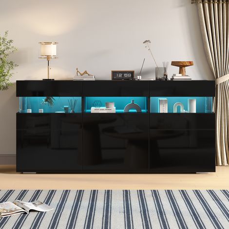 Credenza da soggiorno 140 x 40,5 x 66,5 cm, 3 ante, LED e finitura lucida nera DESVIAE (1/5)