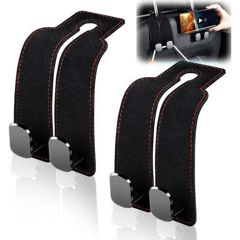 2 Pièces Crochet voiture, Crochet de voiture pour support appui tête, Leather Car Seat Headrest Double Hooks and Mobile Phone Holder, Car Storage Organizer Back Seat (noir) (1/4)