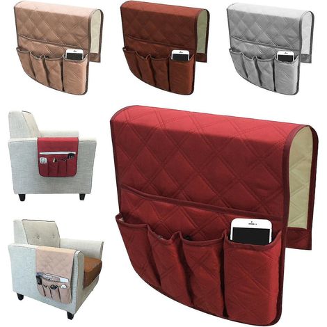 Organisateur d'accoudoir avec porte-télécommande et compartiments à 5 poches pour canapé, fauteuil inclinable, beige (1/5)