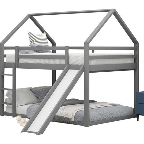 Letto a castello casa per bambini con scivolo e scala, 140x200 cm, grigio, struttura in pino e MDF, doppia zona letto per la cameretta CHICFURN (1/5)