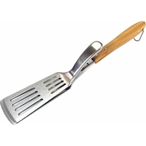 Filiyano-Spatule de barbecue 2 en 1, pince, spatule à griller ajourée en acier inoxydable, grattoir pour table de barbecue avec manche en chêne (1/5)