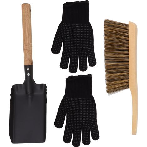 Fireplace ash shovel and brush set, coal fireplace cleaning tools with black silicone gloves (1/5)