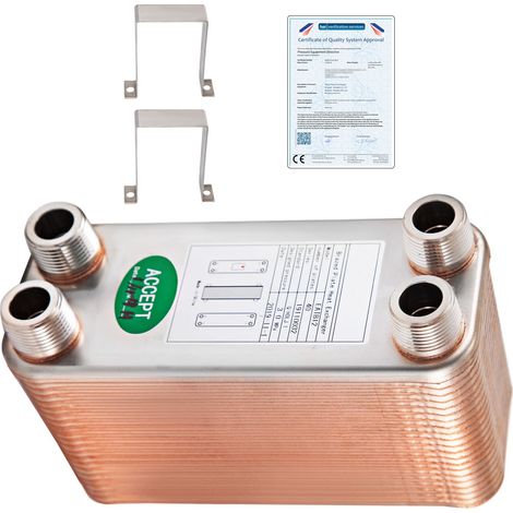 Échangeur de chaleur à plaques brasées 40 plaques, ports 3/4' MNPT, acier inoxydable 316L pour chauffage hydronique et refroidissement. (1/5)