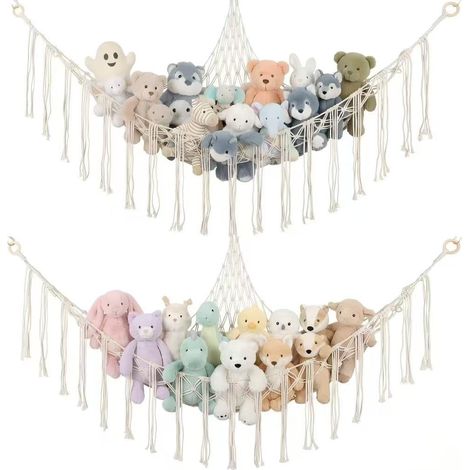 Lot de 2 filets de rangement pour doudous - Pour coin de chambre d'enfant - Hamac en macramé - Blanc (1/5)