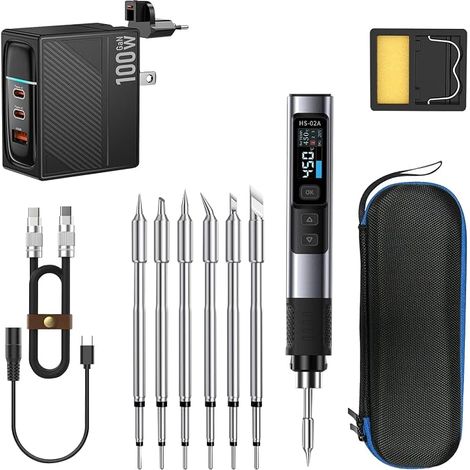 Kit de Fer à Souder 100 W, Fer à Souder Intelligent Filaire Température Réglable 100 à 450 °C, Écran Couleur HD IPS 2,4 cm, 6 Pannes pour Réparation de Précision d'appareils Électroniques (1/5)