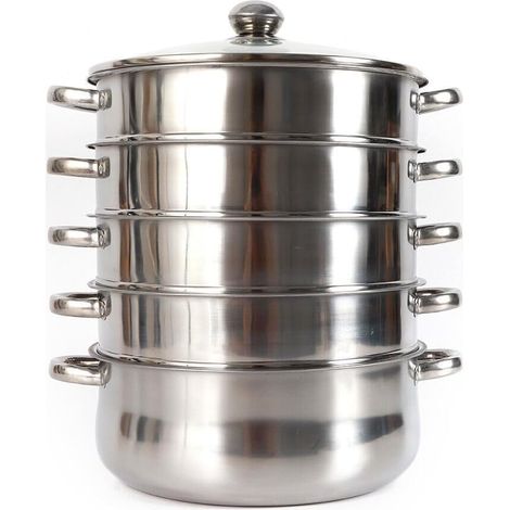 Juego de ollas de vapor (5 niveles, acero inoxidable, tapa de acero inoxidable, olla sopera orgánica, para cocina de inducción, 26 cm)