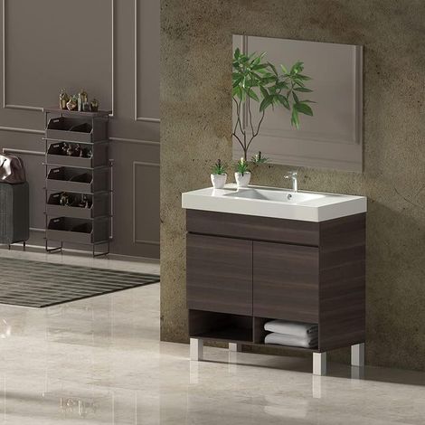 Conjunto de Baño NEBARI con patas - 7 colores distintos 2 puertas o un cajón a elegir- incluye mueble, lavabo y espejo se envía MONTADO Fresno Tea 70x45Cm con cajón