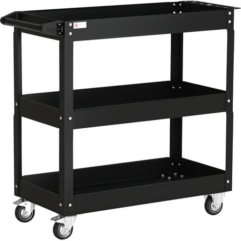 Werkstattwagen aus Stahl mit 3 Ablagen auf Rollen mit Griff, max. Traglast 150 kg, 83 x 35,3 x 76 cm, schwarzer Stahl