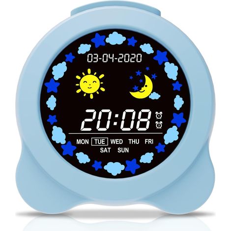 Réveil pour Enfants – Horloge Digitale d’Entraînement au Sommeil avec Écran LCD, Modes Jour/Nuit, 6 Sons d’Alarme, Alimentée par USB（Bleu (1/5)