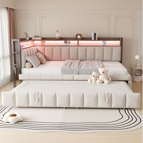 Sofá cama individual 90x200 cm terciopelo beige con cama nido y LED, sin colchón - CHICFURN (1/5)