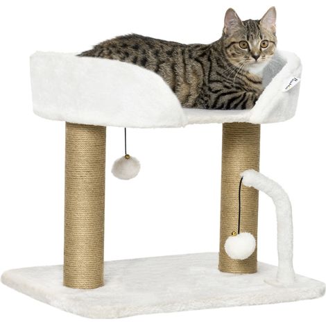 PawHut 42cm Indoor Cat Tree, with Toy Balls, Jute Scratching Post - White (1/5)