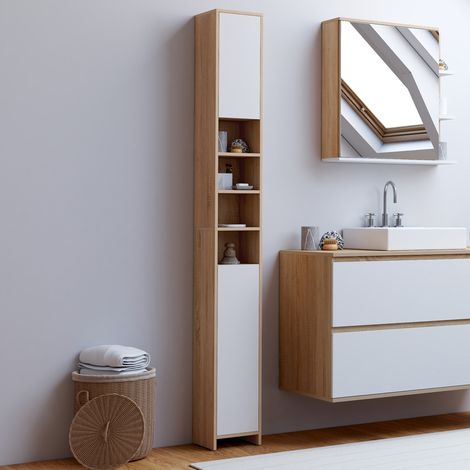 Mueble de baño TOMI de 2 puertas con 4 huecos, acabado haya y blanco