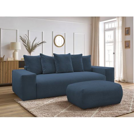 BOBOCHIC - Canapé droit convertible coffre VOLTAIRE tissu chiné avec pouf Bleu foncé (1/5)
