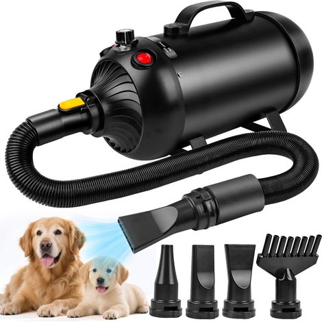 Séchage rapide pour chien – Pulseur silencieux 2800W – Température et vitesse réglables – 4 buses professionnelles pour poils longs