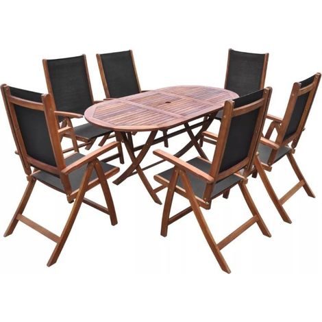 Table et 6 chaises de jardin acacia foncé et tissu noir Noiro (1/5)