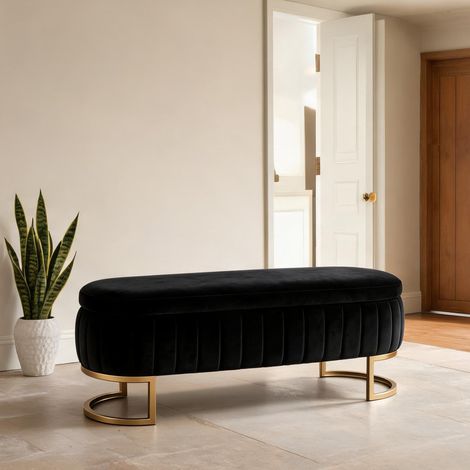 Banc de rangement en velours noir 130 cm avec pieds dorés (1/5)
