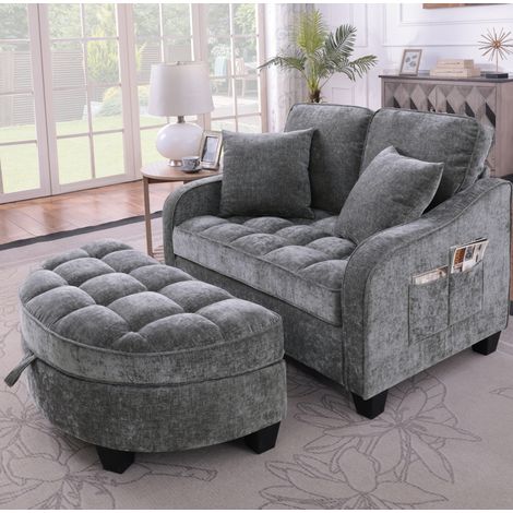 Canapé 2-en-1 convertible en lit, avec pouf de rangement, gris foncé, 132 cm, REDOM (1/5)