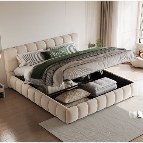Cama tapizada 140x190 cm beige, terciopelo con arcón hidráulico (1/5)