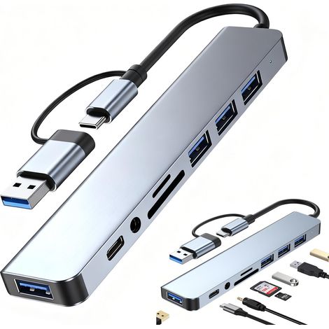Adattatore multiporta USB C Hub tipo C 8 in 1 con 4 porte USB da 3,5 mm Jack per cuffie Lettore di schede SD/TF Porte multidati Compatibile con MacBook Pro/Air Smartphone Tablet per Dell (1/5)