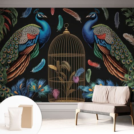 Tapete Vliestapete mit Kleber modern - Wanddeko für Küche - Klebefolie Wand - luxus Look Exotische Pfauen 312x219 cm (1/5)