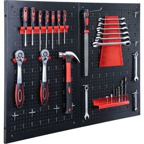 Werkzeugwand Parker Lochwand Set aus Metall mit Zubehör Schwarz / Rot - 80 × 60 cm (2 Platten)