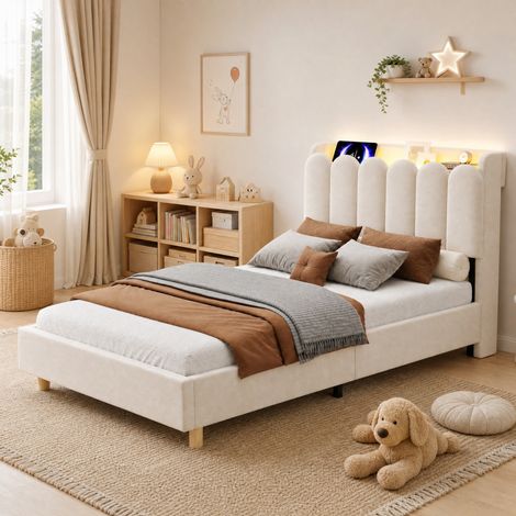 Cama tapizada individual 90 x 200 cm en terciopelo beige con somier, cabecero LED y USB (1/5)