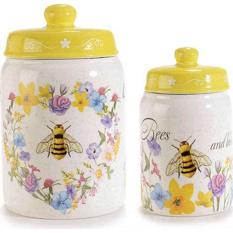 Barattolo / biscottiera / contenitore per alimenti / portadolci a tema api e miele in ceramica decorata, Grande: Ø 11,5 cm x 19 H