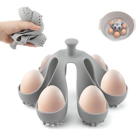 Cuiseur à œufs - Grille à œufs en silicone grise - Grille à œufs en silicone avec trous de drainage - Grille pour 6 œufs maximum - Accessoire de cuisine multifonctionnel pour la cuisson et le rangemen (1/5)