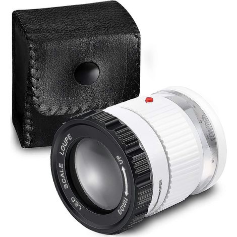 Loupe blanche 30x avec éclairage LED et UV, focale réglable, pliable, idéale pour les bijoux. (1/5)