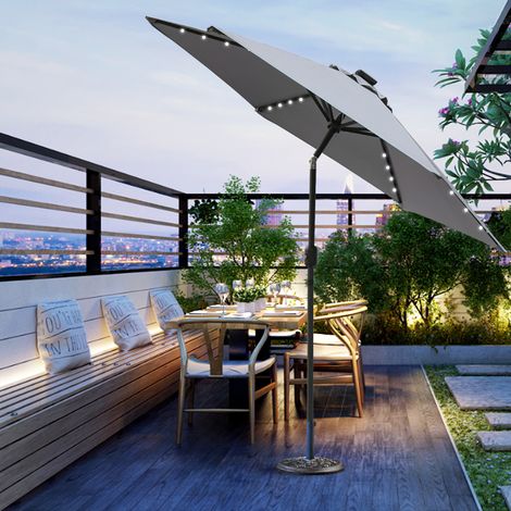 2.5m LED Outdoor Garden Parasol Patio Sun Shade Round Umbrella with Base Grey (1/5)