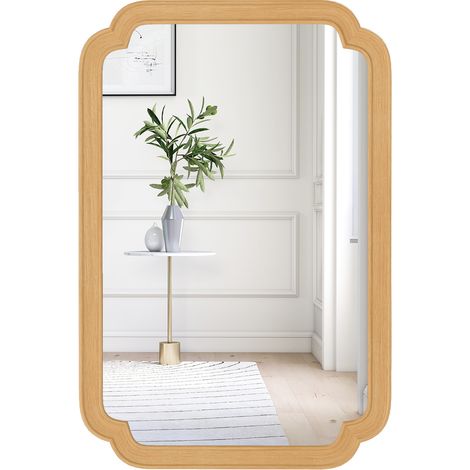 Miroir Mural Rectangulaire 90 x 60 cm, Cadre en Bois, 4 Crochets Métalliques, Mioir Mural Décoratif pour Salon Chambre Entree, Montage Facile, Beige (1/5)