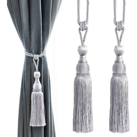 Embrasses de rideaux décoratives à pompons et boules - Attaches de rideaux pour la maison et le bureau, boucles tressées, franges, lot de 2 (gris) (1/4)