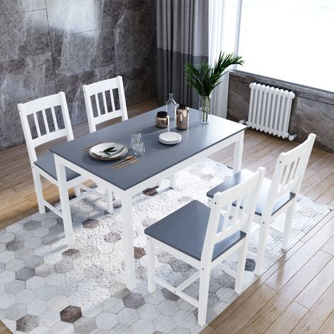 ELEGANT Dining Table and 4 Chairs Solid Pine Nature Kitchen Living Room Furniture Wood Dining Room Set Grey (1/5)